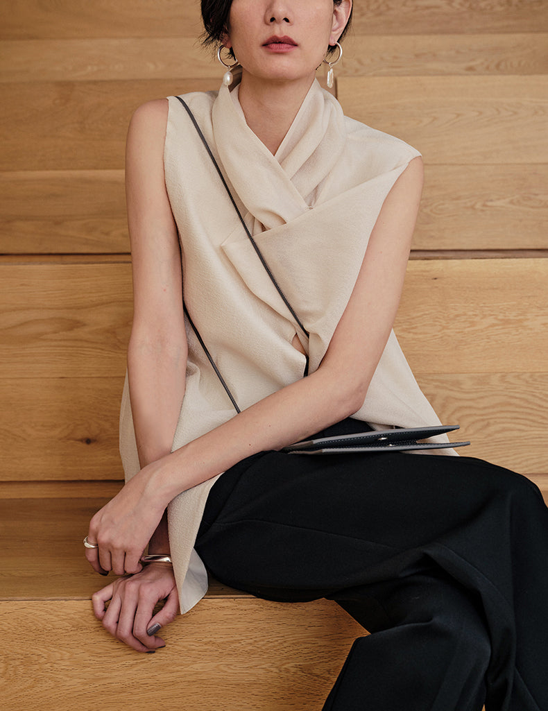 Vintage Asymmetric Collar Top With Front Slit In Silky