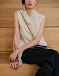 Vintage Asymmetric Collar Top With Front Slit In Silky