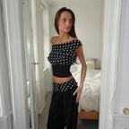 Polka Dot Chiffon Patchwork Crop Top With Bottom Set