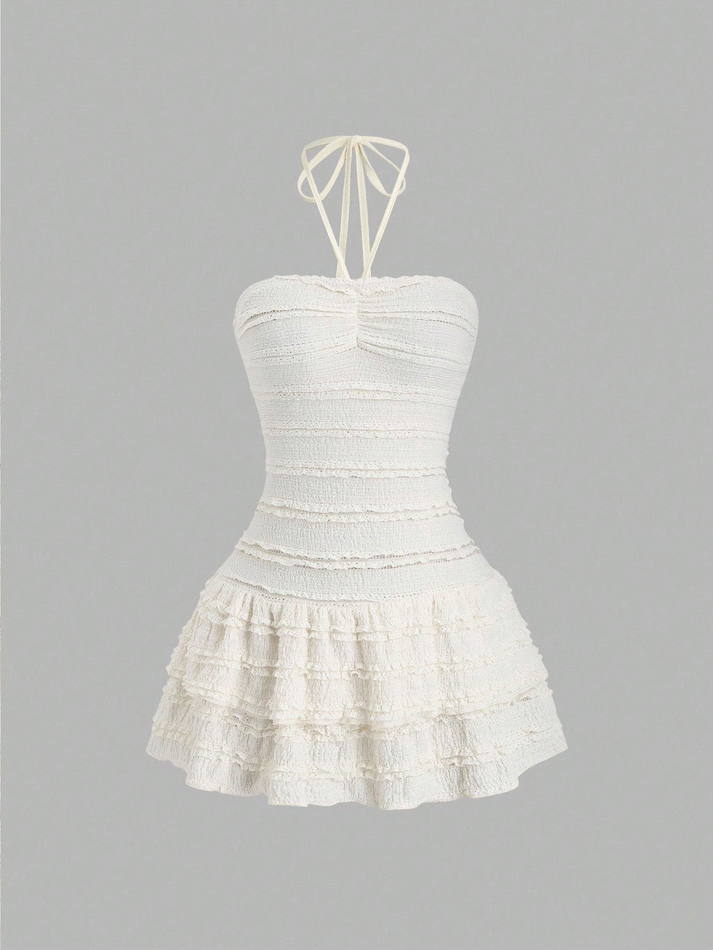 Halterneck White Dress With High Waist And Flared Bell Skirt