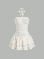 Halterneck White Dress With High Waist And Flared Bell Skirt