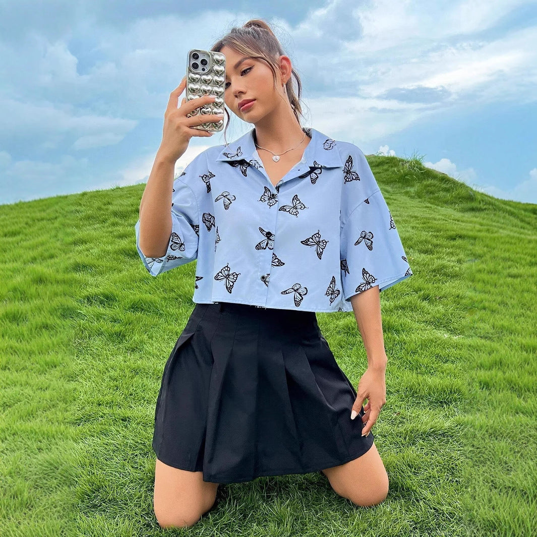 Butterfly Print Loose Shirt for Casual Chic in White and Blue