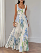 Floral Print Pleated A-Line Sleeveless Midi Dresses