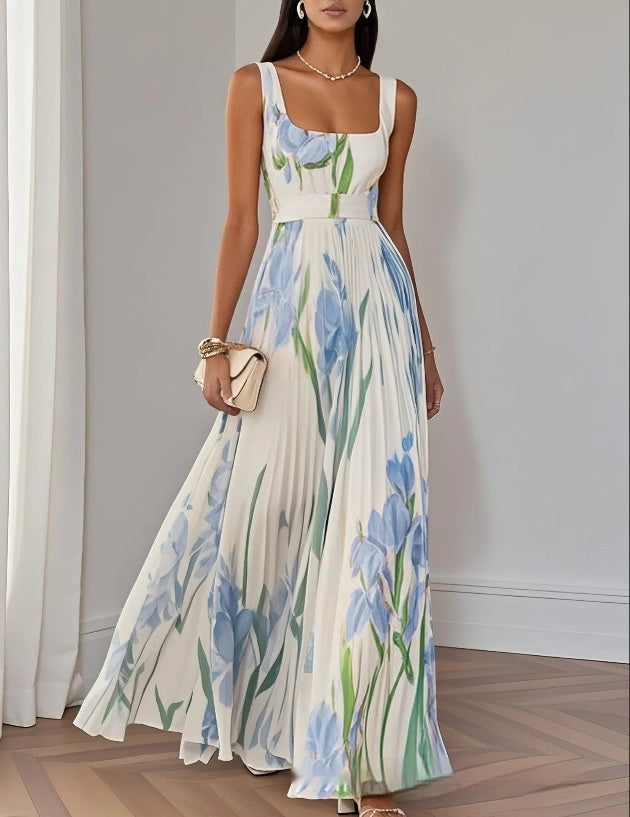Floral Print Pleated A-Line Sleeveless Midi Dresses