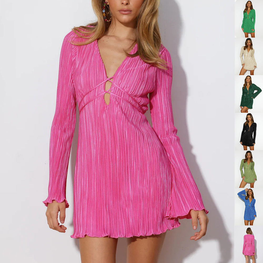 Women's V-Neck Lace-up A-Line Dress with Flared Long Sleeves
