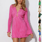 Women's V-Neck Lace-up A-Line Dress with Flared Long Sleeves