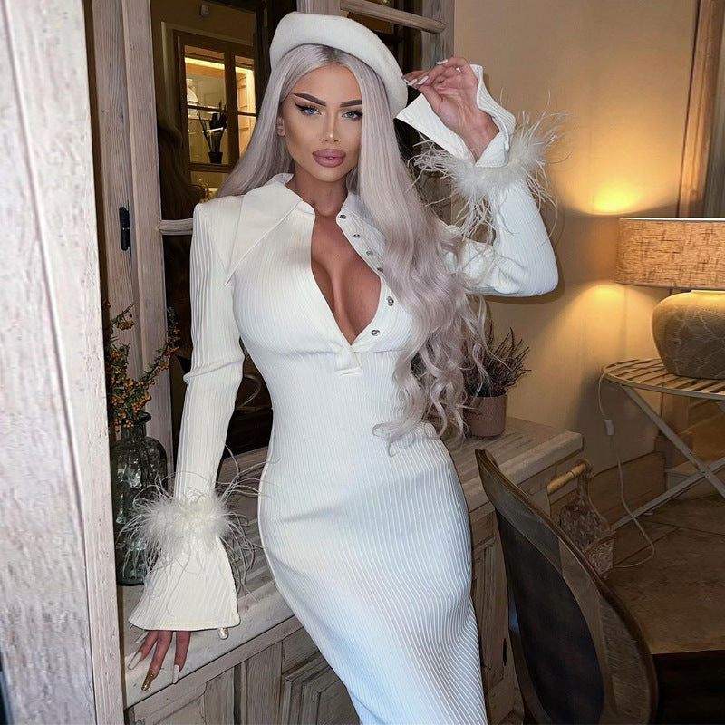 Chic Polo Collar Long Dress In White For Everyday Elegance