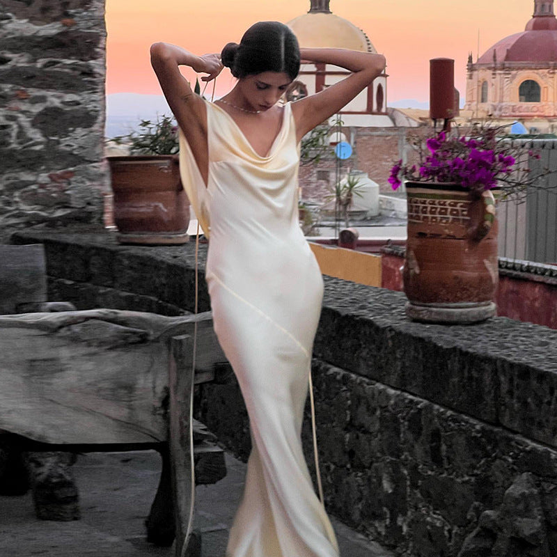 Apricot Backless Suspender Dress Slim Fit With High Waist