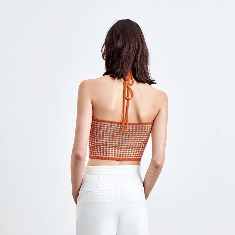 Chic Sleeveless Knit Check Lace Camisole Top