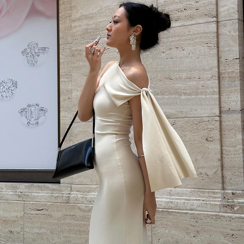 One-Shoulder Ribbon Long Dress Slim Fit Sleeveless Evening Party