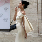 One-Shoulder Ribbon Long Dress Slim Fit Sleeveless Evening Party