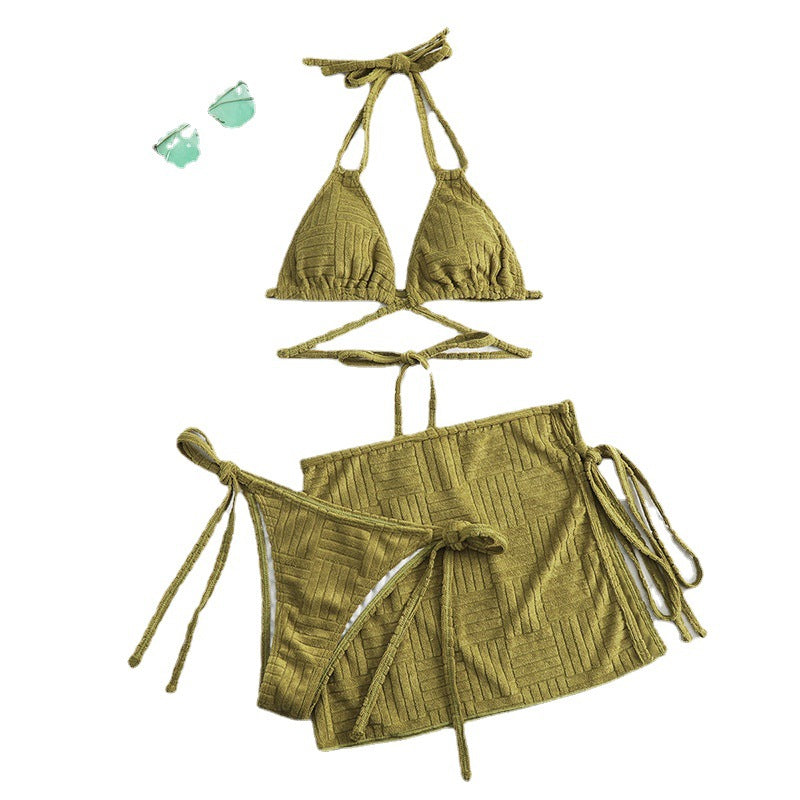 Three-Piece Army Green Bikini Set With Skirt For Beach And Poolside Relaxation Sun Ready Swimwear