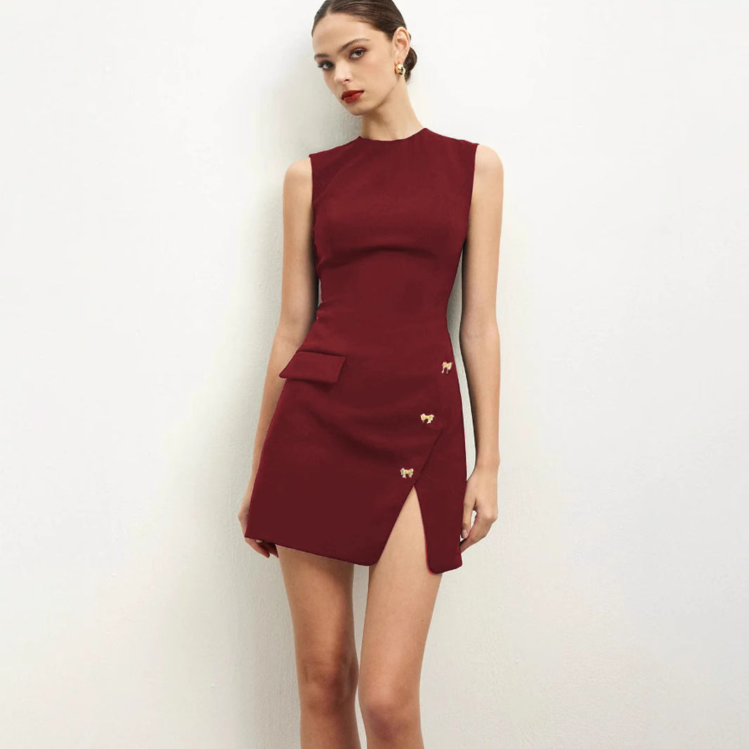 Sleeveless High-Waist Dress With Button Accents