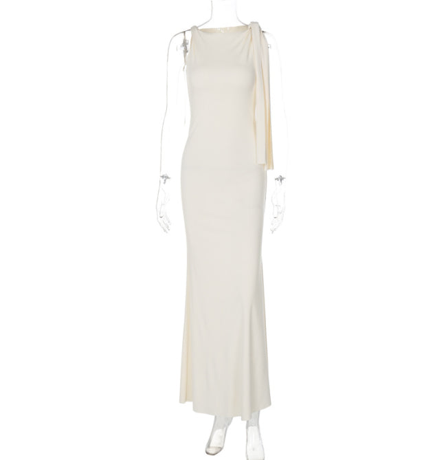 One-Shoulder Ribbon Long Dress Slim Fit Sleeveless Evening Party