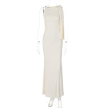 One-Shoulder Ribbon Long Dress Slim Fit Sleeveless Evening Party