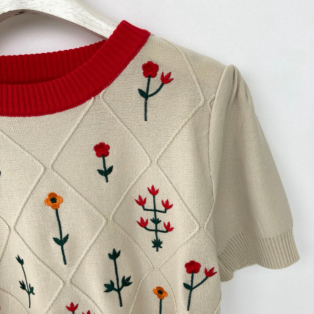 Apricot Floral Embroidered Cotton Knit Top