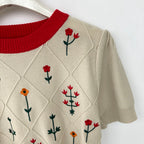 Apricot Floral Embroidered Cotton Knit Top