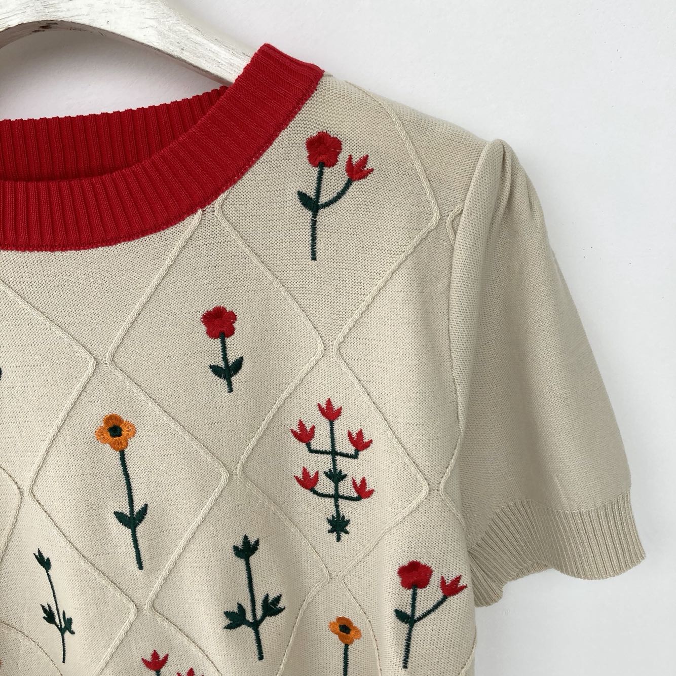 Apricot Floral Embroidered Cotton Knit Top