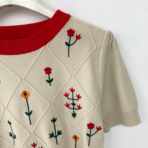 Apricot Floral Embroidered Cotton Knit Top