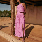 Elegant Pink Embroidered Sleeveless Top and Skirt Set Feminine Look