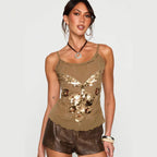 Gleaming Sequined Embroidered Sling Vest In Green And Brown