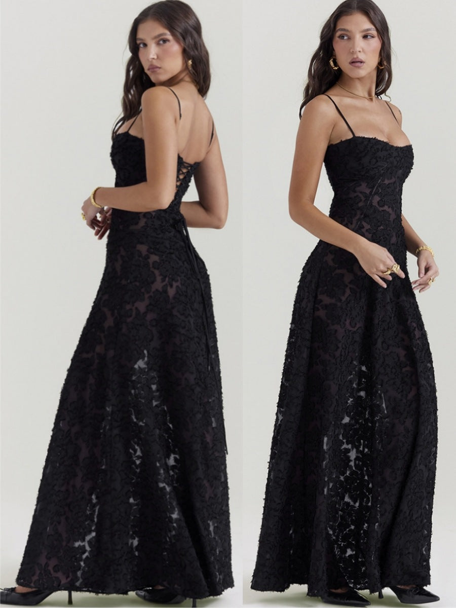 Suspender Lace Long Dress With Strapless Collar