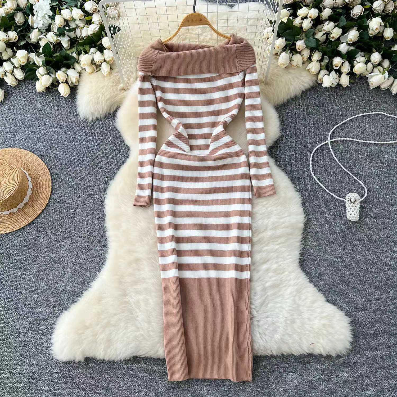 Elegant Slim-fit Sheath Stripes Knitted Dress