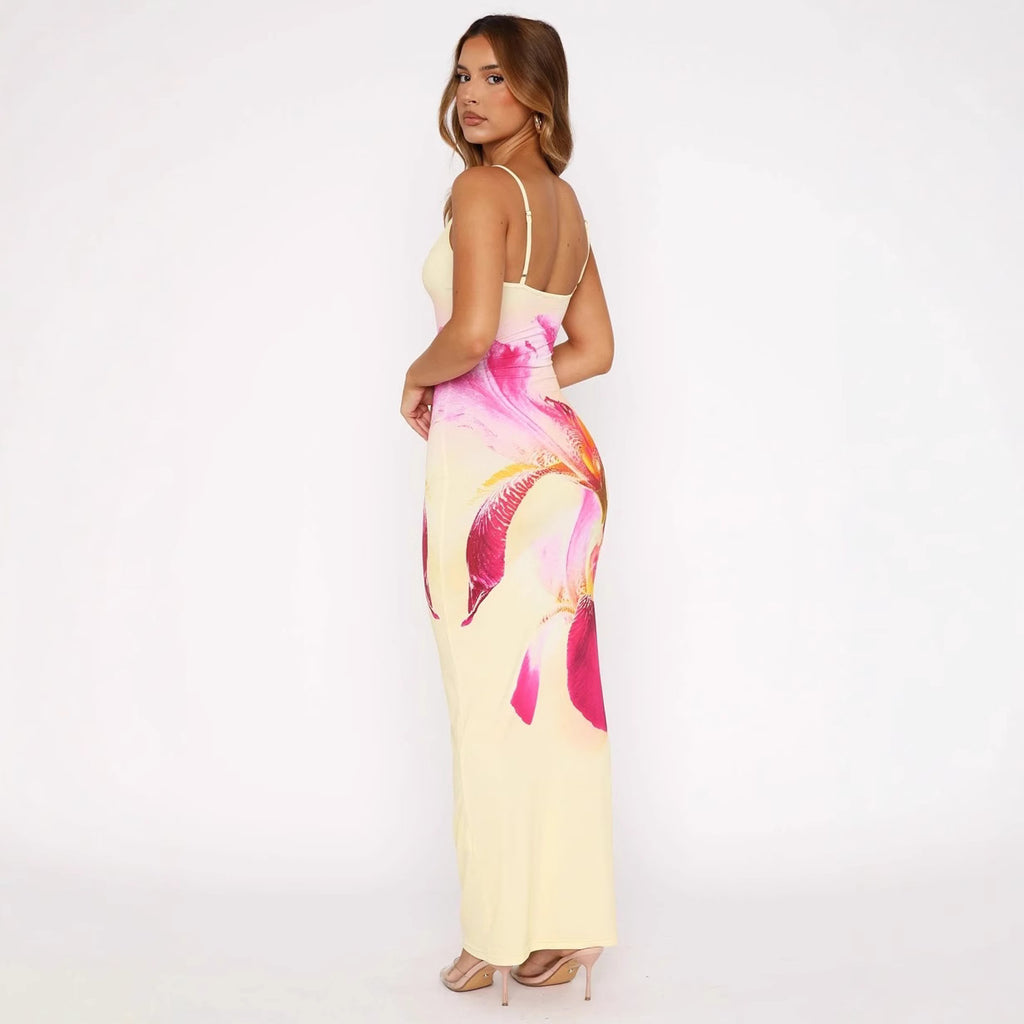 Sunny Floral Maxi Dress With Slim Straps High Waist