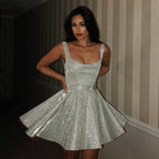 Silver Open Back Square Collar Summer Dress With High Waist Silhouette And Short Skirt