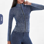 Slim Zippered Denim Yoga Jacket With Pockets High Collar For Women
