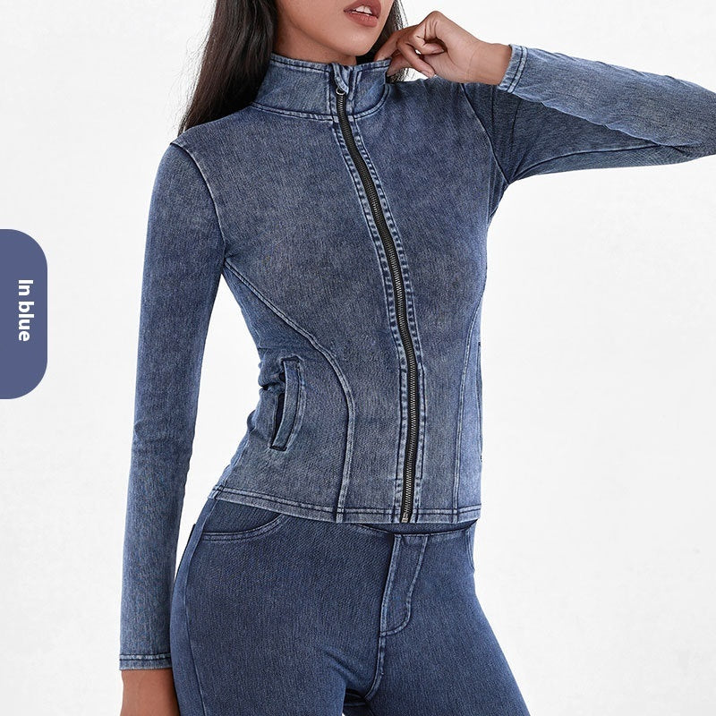 Slim Zippered Denim Yoga Jacket With Pockets High Collar For Women