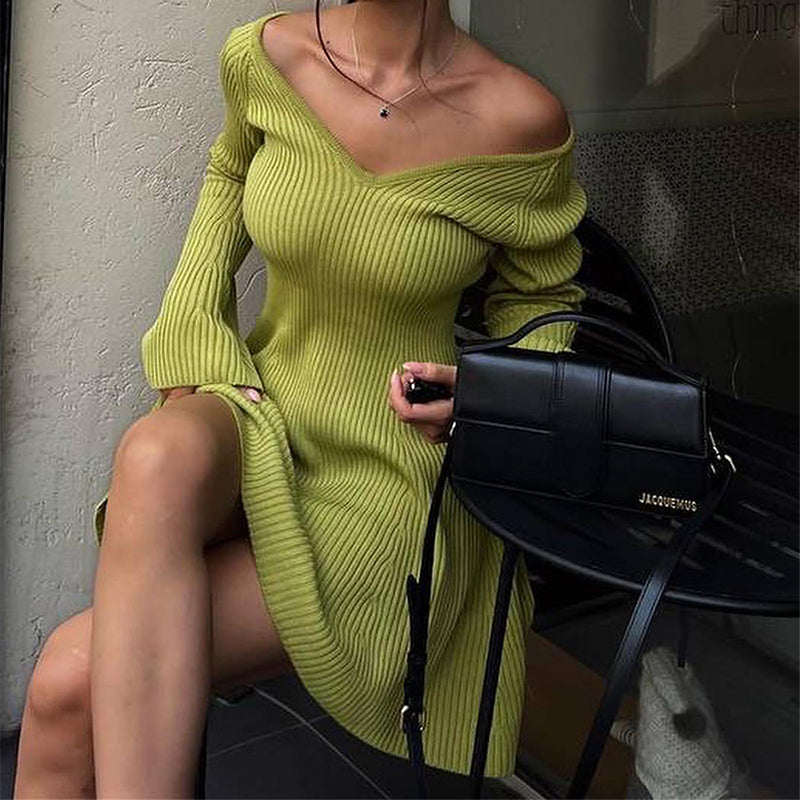 Women's V-Neck Long Sleeve Knitted A-Line Mini Dress