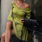 Women's V-Neck Long Sleeve Knitted A-Line Mini Dress
