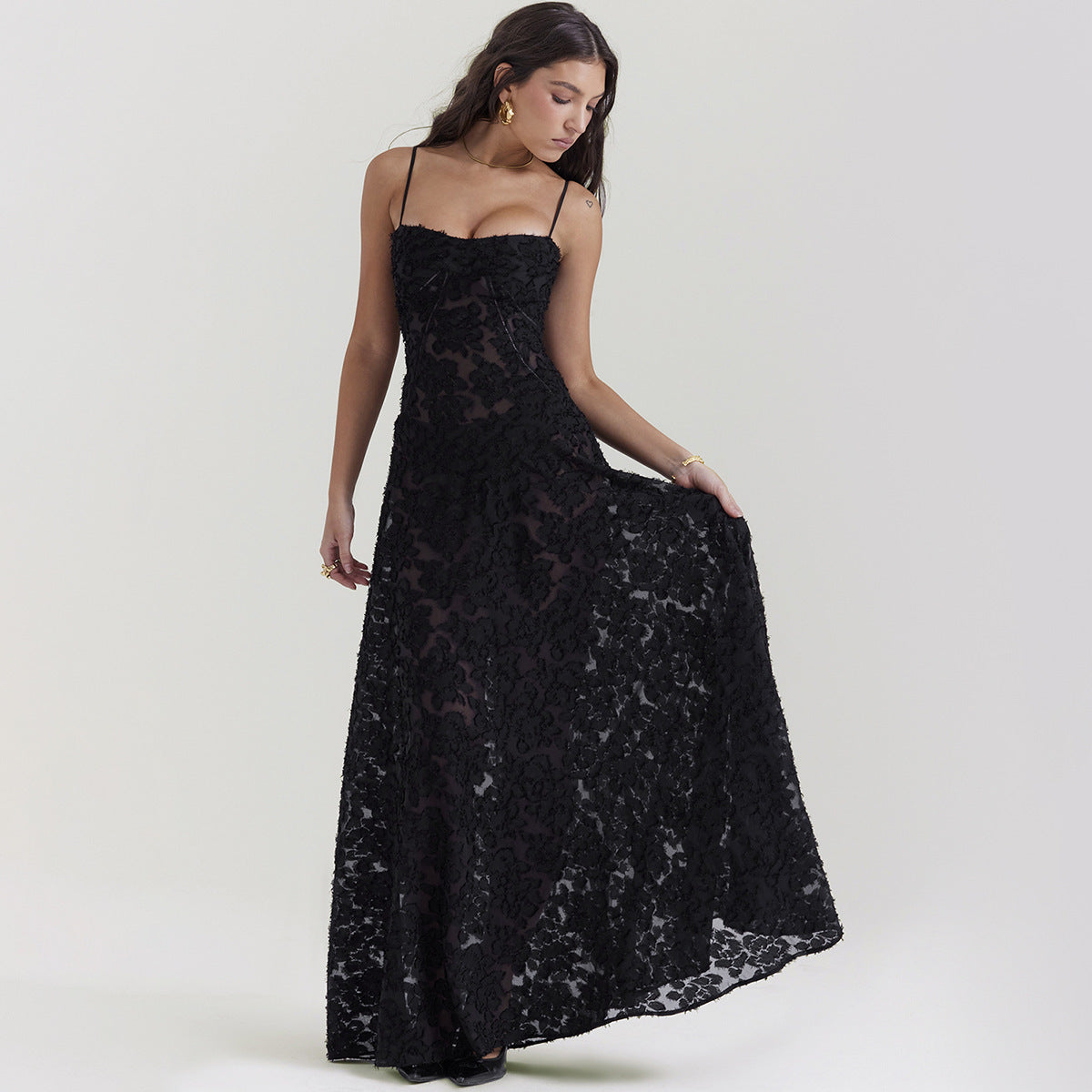 Suspender Lace Long Dress With Strapless Collar