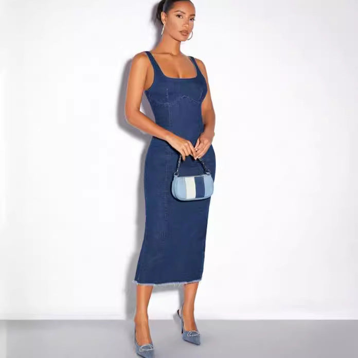 Light Blue Summer Suspender Dress With Elastic Waist For Easy Chic Everyday Wear