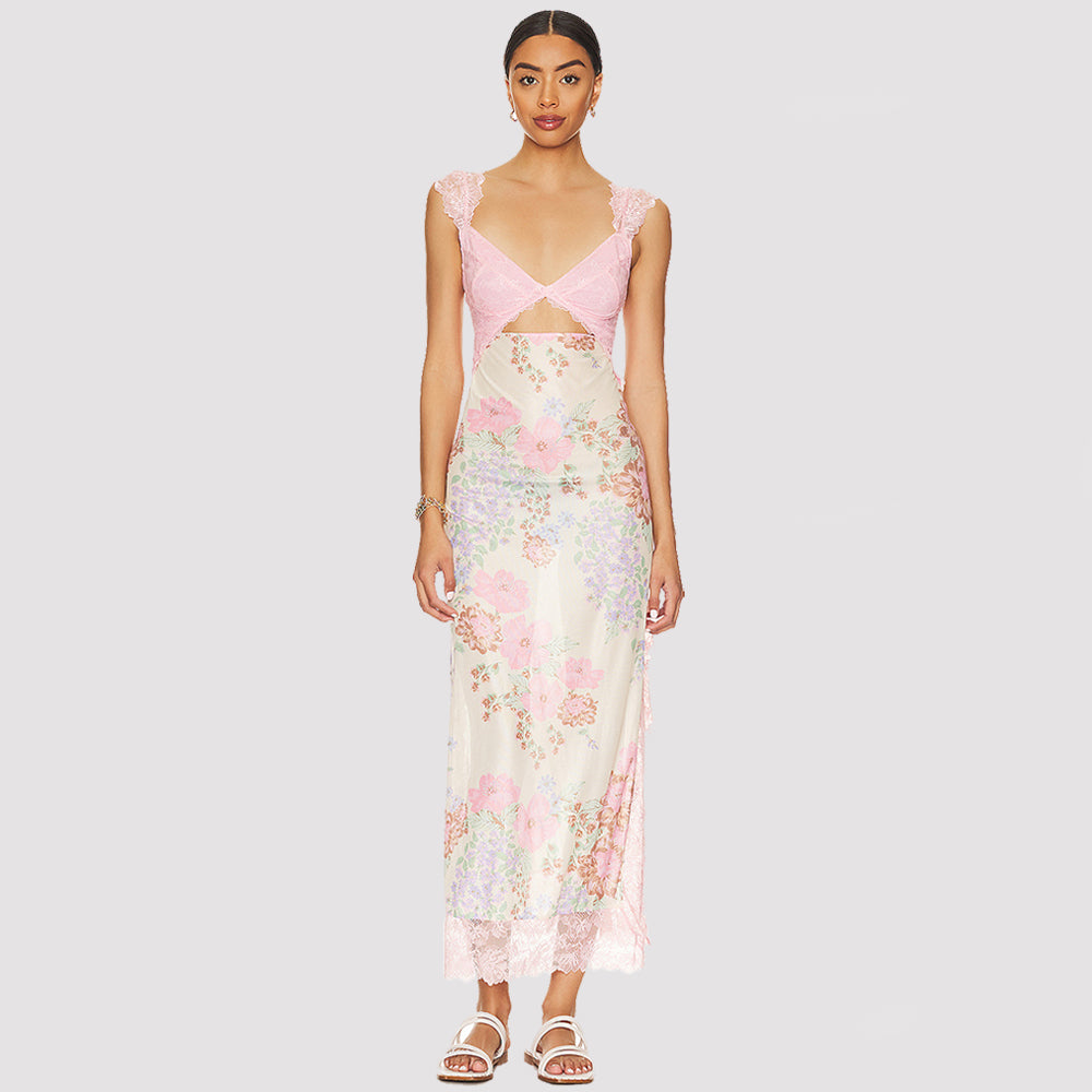 Women's V-Neck Lace Floral Print Midi Dress