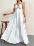 Backless Halter Neck A-Line Maxi Dress With Pleated Skirt For Beach Vacation