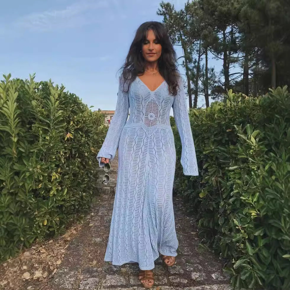 Sky Blue Long Knitted Dress With Bell Sleeves And High Waist