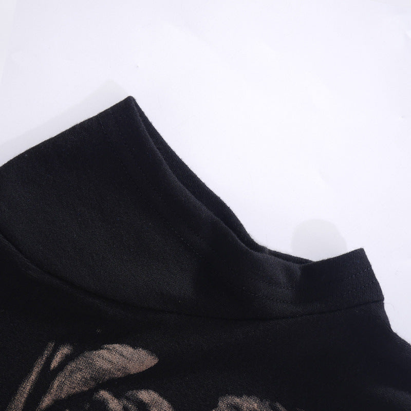 Retro Skeleton Print Top For Women Dark Round Neck Short Sleeve Slim Fit