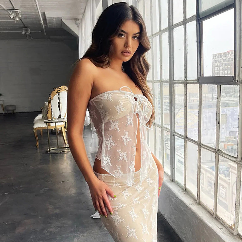 Sheer Knitted Tube Top With Lace And Hollowout Details