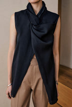Vintage Asymmetric Collar Top With Front Slit In Silky