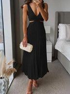 Women's V-Neck Backless Pleated Long Dress - Hollow Waist Design