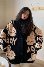 Cozy Winter Bear Print Top For Ladies Loose Fit V-Neck