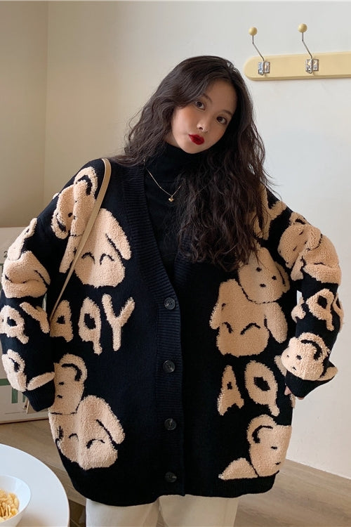 Cozy Winter Bear Print Top For Ladies Loose Fit V-Neck