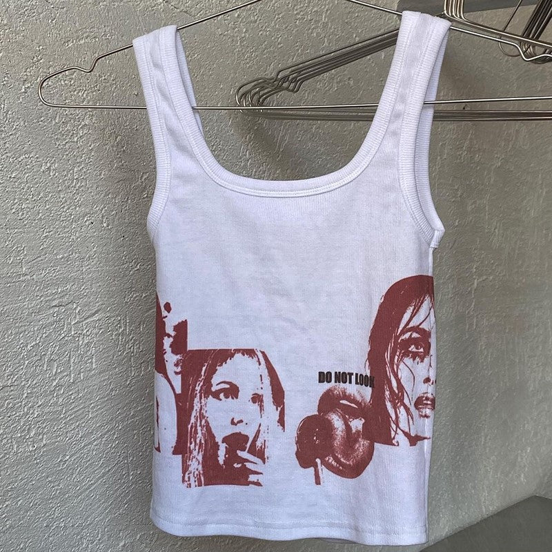 Graphic Print Sleeveless Top In White