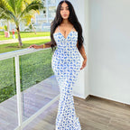 Women's Floral Print V-Neck Backless Fishtail Maxi Dress