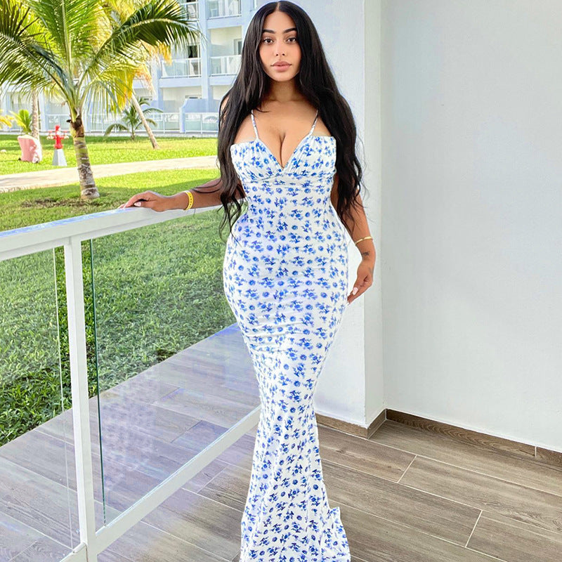 Women's Floral Print V-Neck Backless Fishtail Maxi Dress