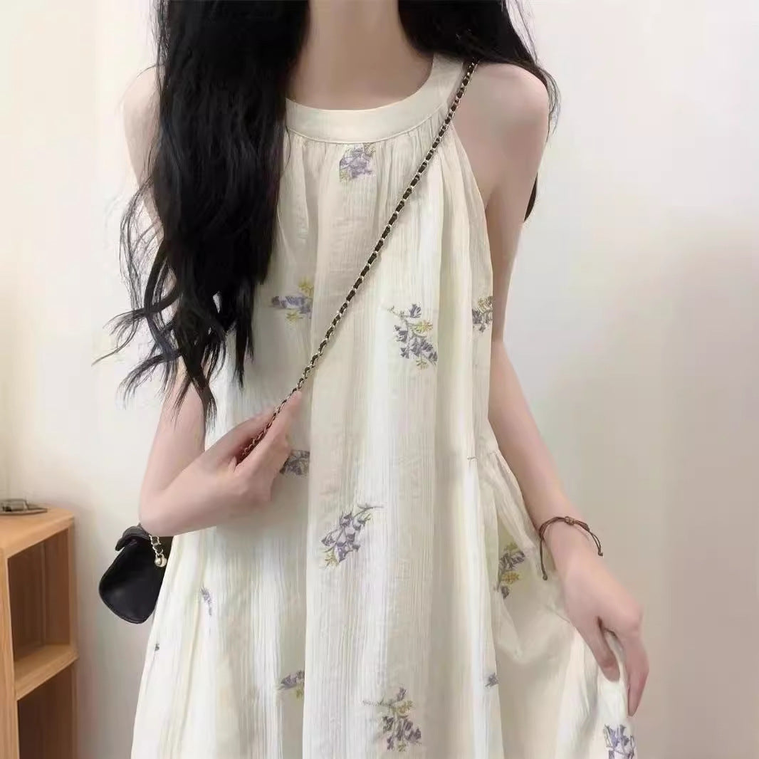Artistic Retro Sleeveless Halter Sling Dress