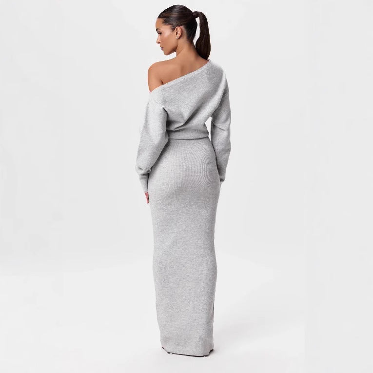 Slim Off-Shoulder Knitted Bodycon Long Sleeve Maxi Dress