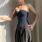 Denim Tube Vest Top With Back Tie Cropped Corset Tank